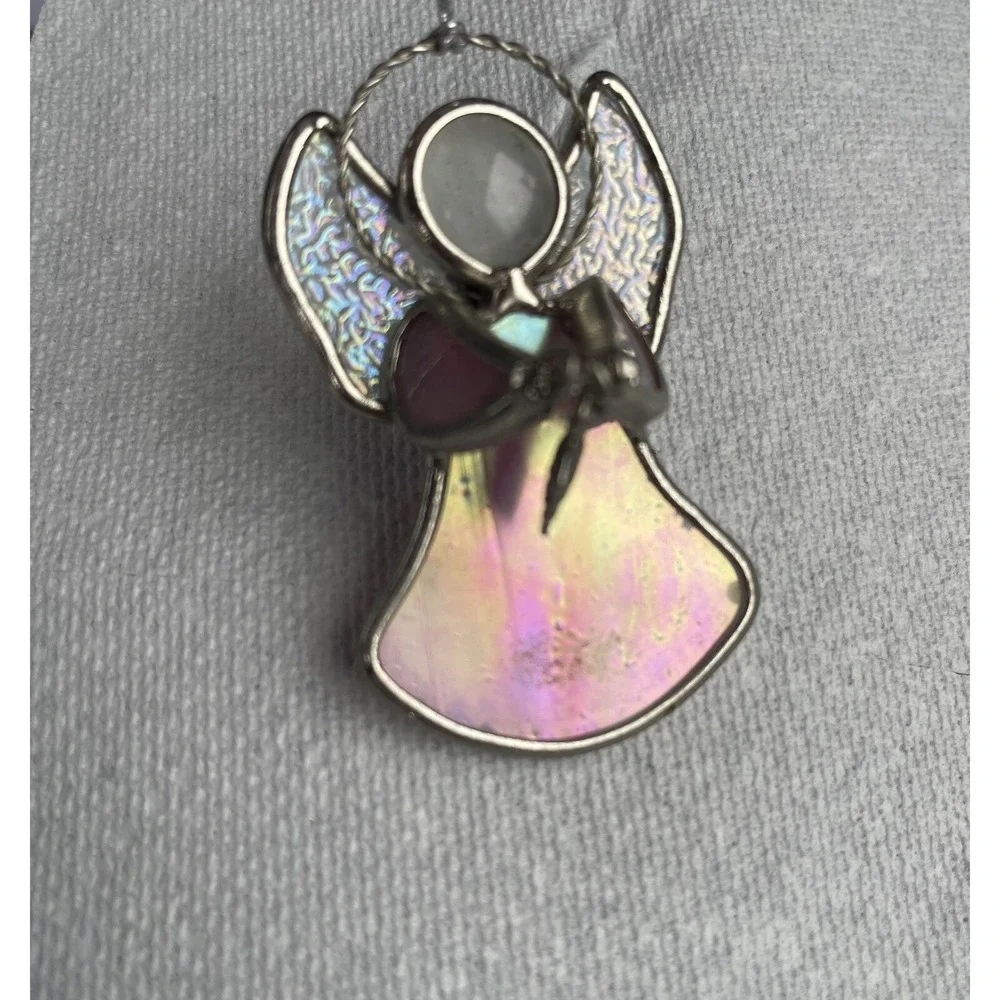 GANZ Charm Pink Stained Glass Angel Ornament  Holding A Flower Charm Sun Catcher